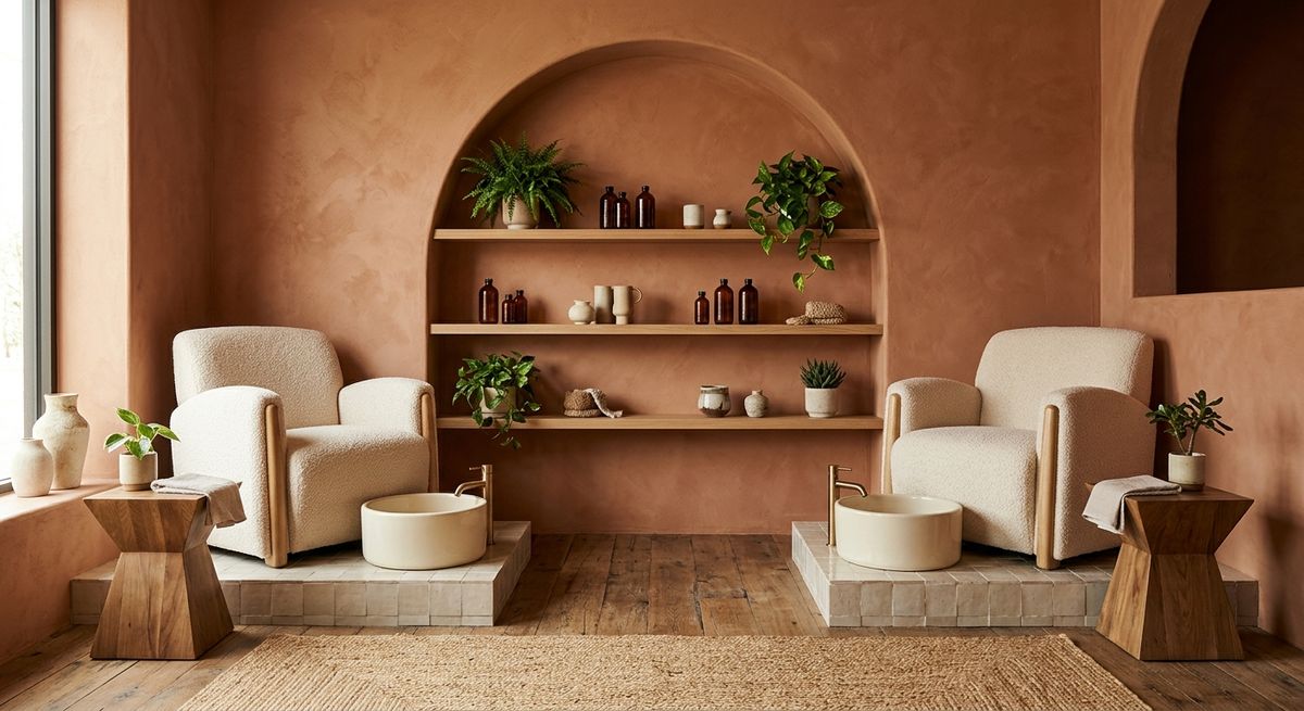 Two cream pedicure chairs with foot-soak basins beneath an arched shelf wall