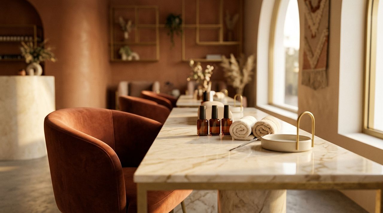 Marble manicure tables with terracotta velvet chairs in warm afternoon light